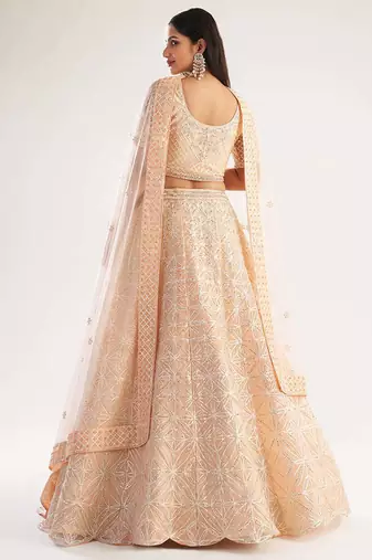 Peach Wedding Wear Embellished Heavy Butterfly Net Lehenga Choli
