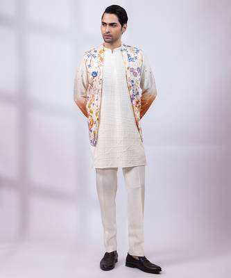 Ivory ombre floral printed silk nehru jacket 1