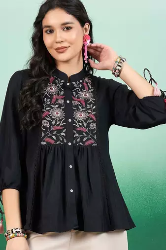 Women embroidered floral print mandarin collar top
