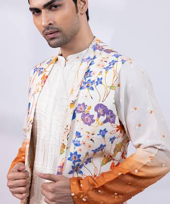 Ivory ombre floral printed silk nehru jacket 2