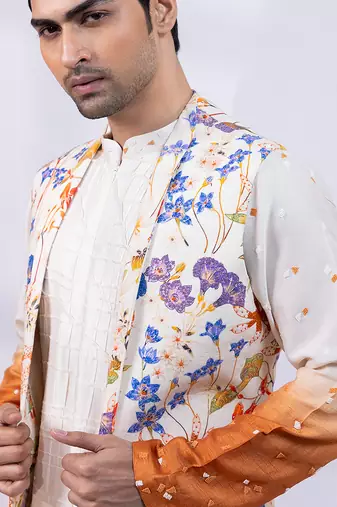 Ivory ombre floral printed silk nehru jacket