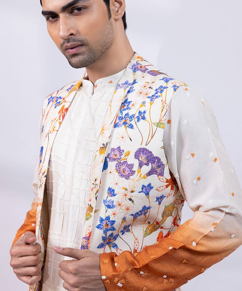Ivory ombre floral printed silk nehru jacket
