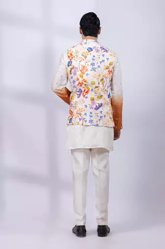 Ivory ombre floral printed silk nehru jacket