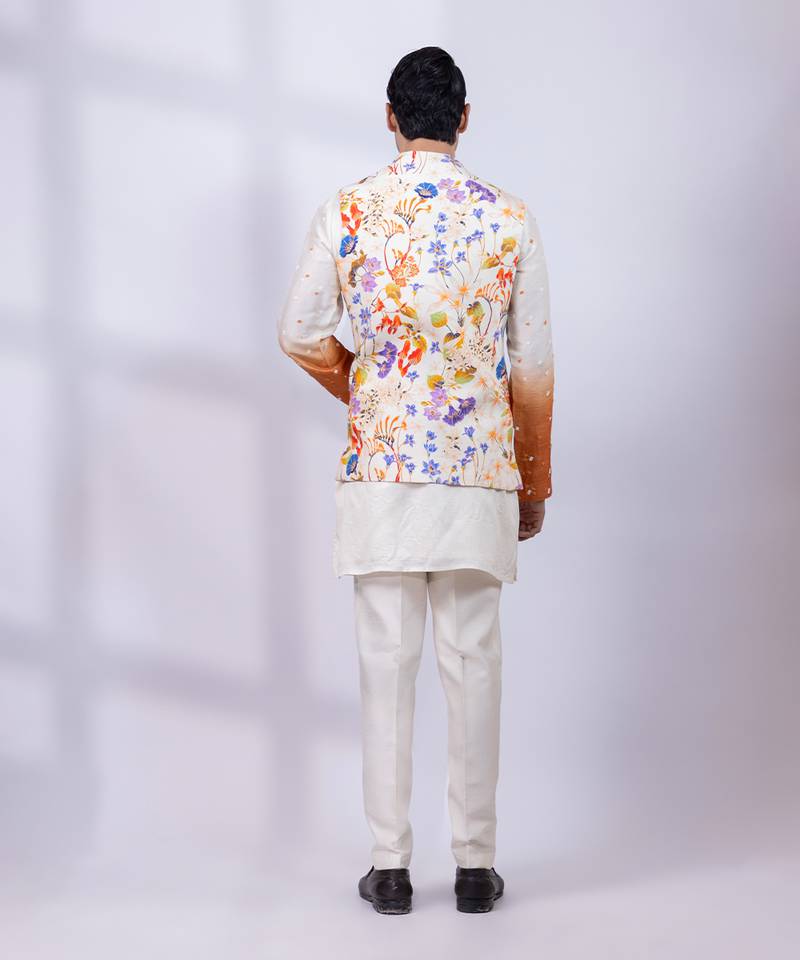 Ivory ombre floral printed silk nehru jacket