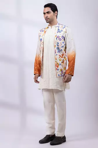 Ivory ombre floral printed silk nehru jacket