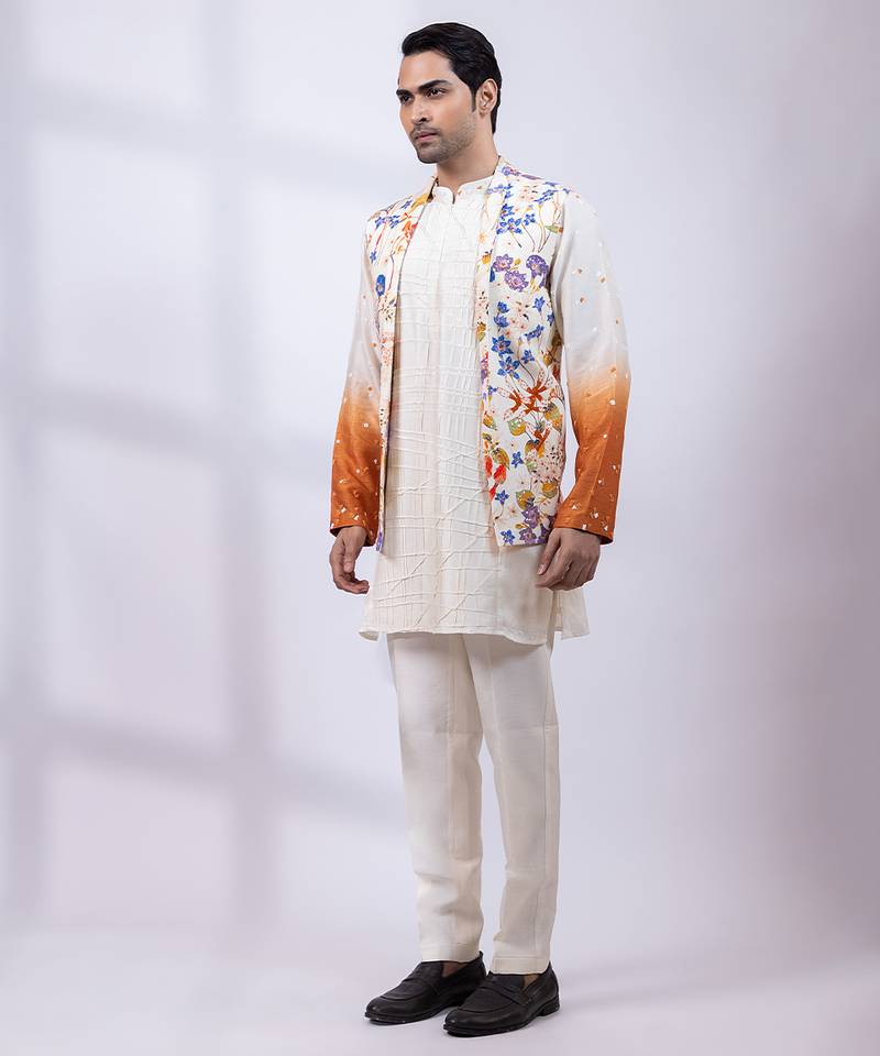 Ivory ombre floral printed silk nehru jacket