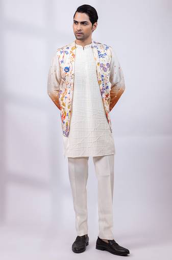 Ivory ombre floral printed silk kurta jacket set
