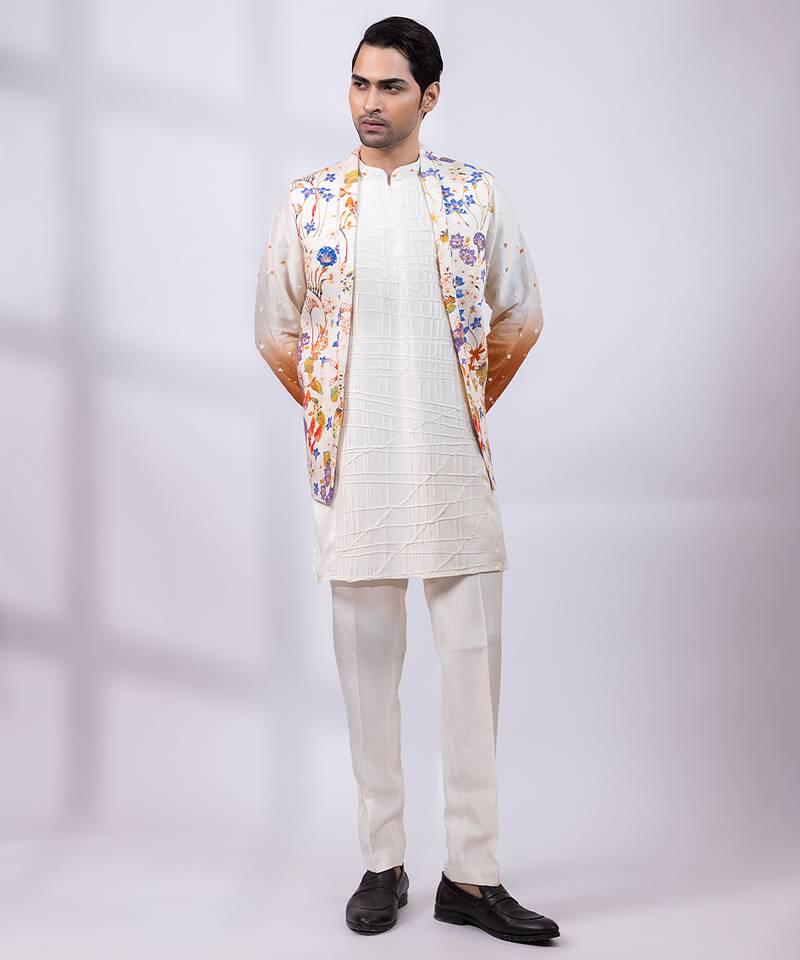 Ivory ombre floral printed silk kurta jacket set