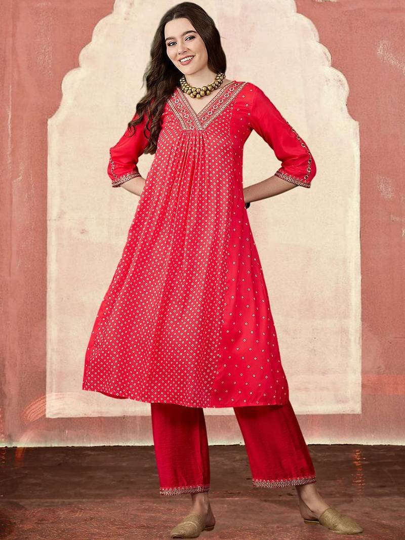 Bandhani printed v-neck a-line kurta & trousers set