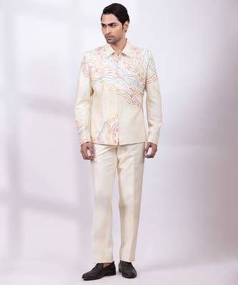 Cream beige embroidered silk shacket and pant 1