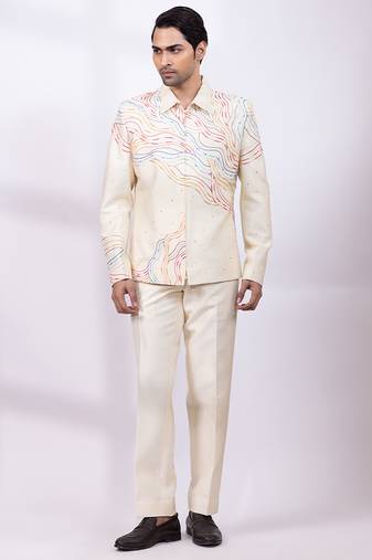 Cream beige embroidered silk shacket and pant