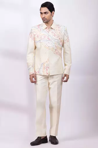 Cream beige embroidered silk shacket and pant