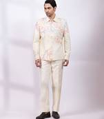 Cream beige embroidered silk shacket and pant