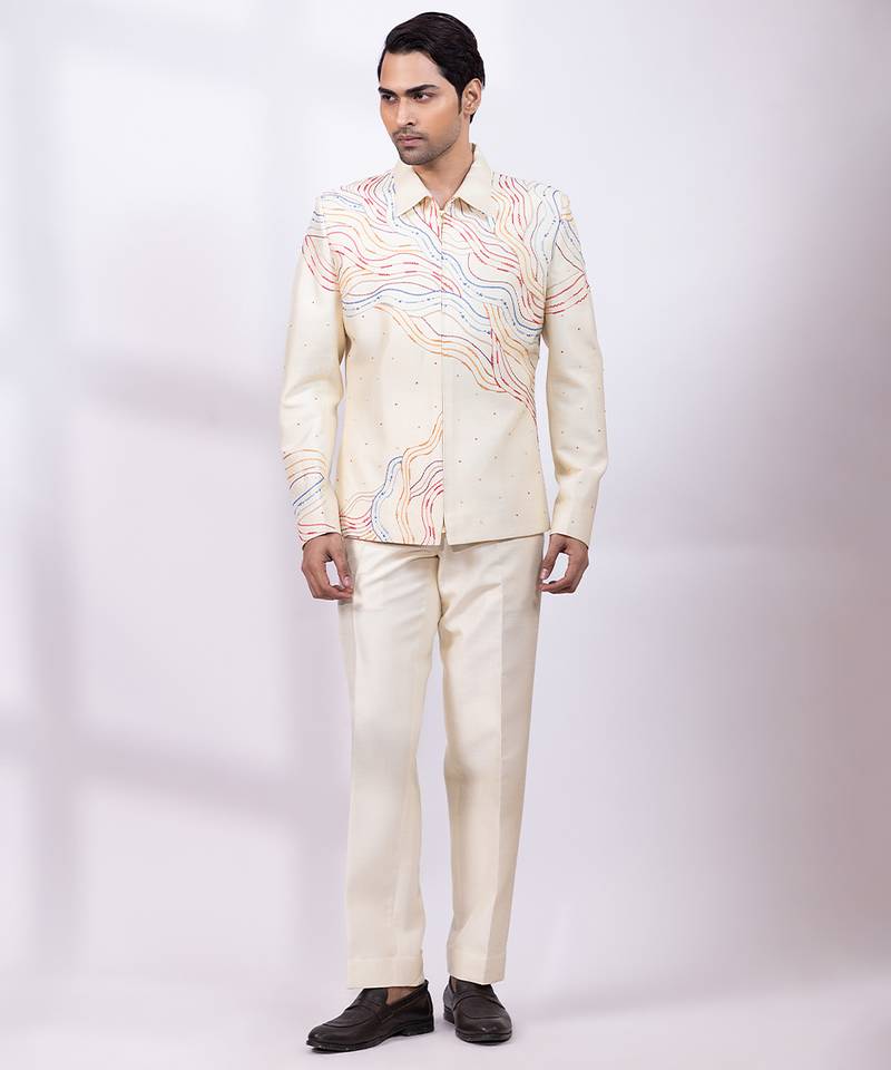 Cream beige embroidered silk shacket and pant