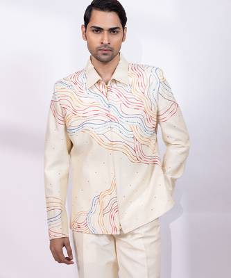 Cream beige embroidered silk shacket and pant 2