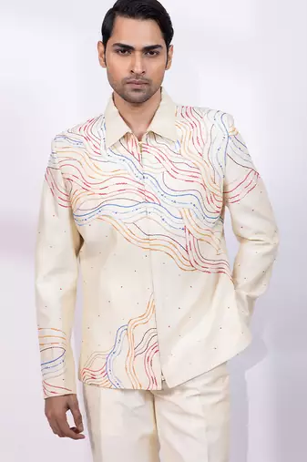 Cream beige embroidered silk shacket and pant