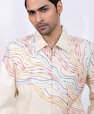 Cream beige embroidered silk shacket and pant 3