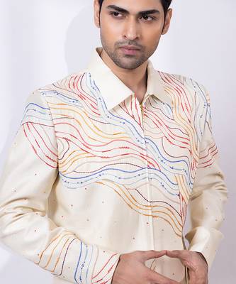 Cream beige embroidered silk shacket and pant 4