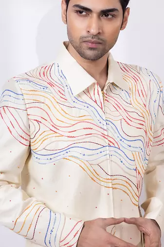 Cream beige embroidered silk shacket and pant