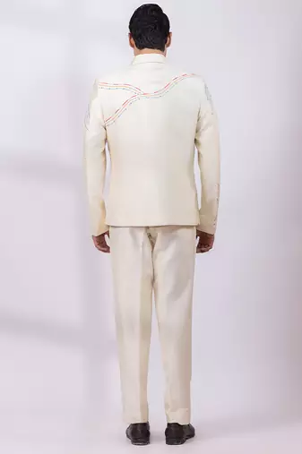 Cream beige embroidered silk shacket and pant