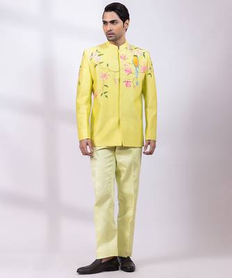 Lime green embroidered chanderi silk bandhgala and pant 1