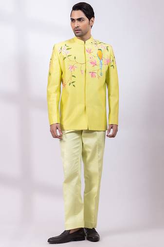 Lime green embroidered chanderi silk bandhgala and pant