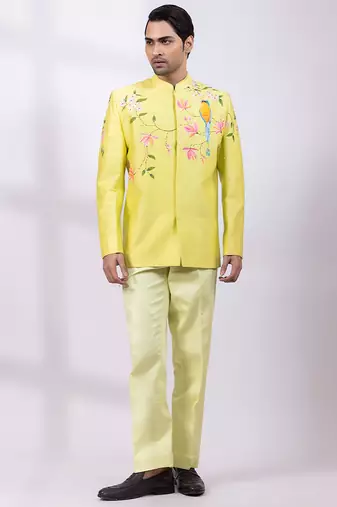 Lime green embroidered chanderi silk bandhgala and pant
