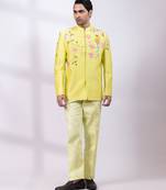 Lime green embroidered chanderi silk bandhgala and pant