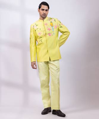 Lime green embroidered chanderi silk bandhgala and pant 2