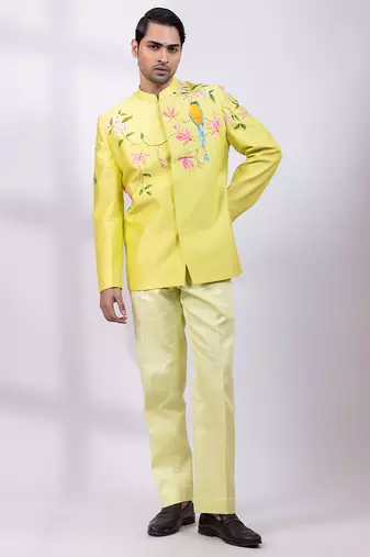 Lime green embroidered chanderi silk bandhgala and pant