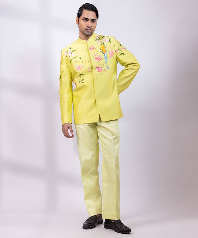 Lime green embroidered chanderi silk bandhgala and pant