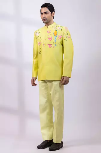 Lime green embroidered chanderi silk bandhgala and pant