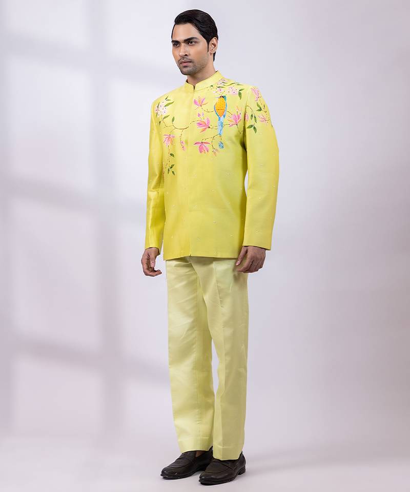 Lime green embroidered chanderi silk bandhgala and pant