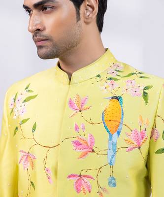 Lime green embroidered chanderi silk bandhgala and pant 4