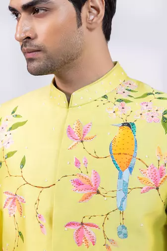Lime green embroidered chanderi silk bandhgala and pant
