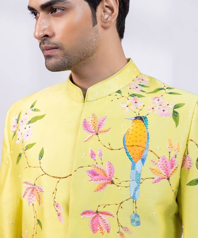 Lime green embroidered chanderi silk bandhgala and pant