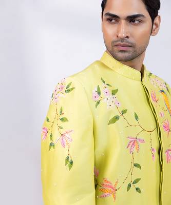 Lime green embroidered chanderi silk bandhgala and pant 5