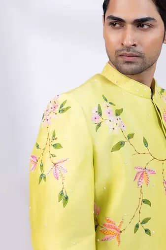 Lime green embroidered chanderi silk bandhgala and pant