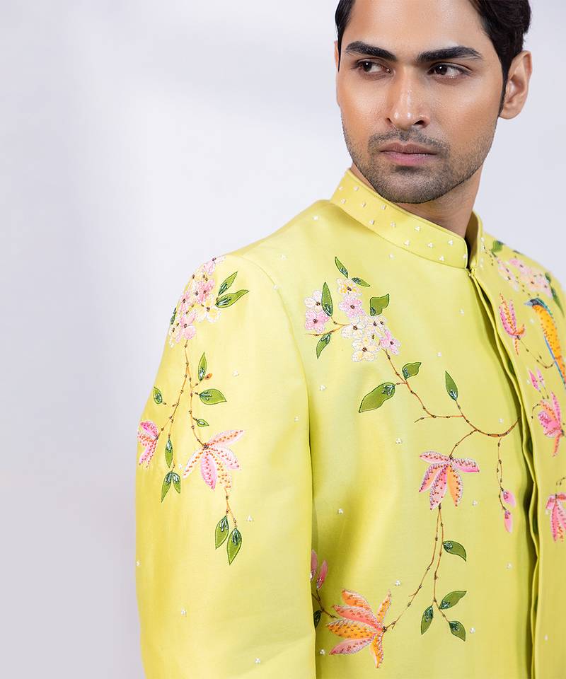 Lime green embroidered chanderi silk bandhgala and pant