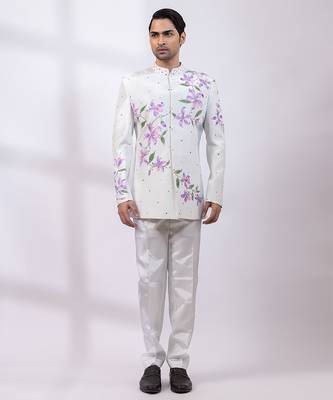 Greyish white embroidered silk bandhgala and pant 1