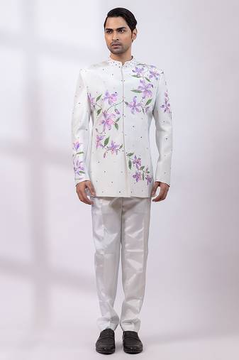 Greyish white embroidered silk bandhgala and pant