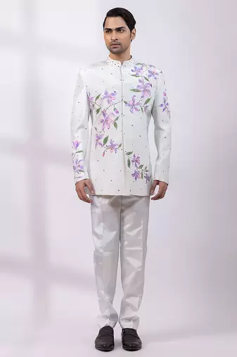 Greyish white embroidered silk bandhgala and pant