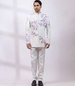 Greyish white embroidered silk bandhgala and pant