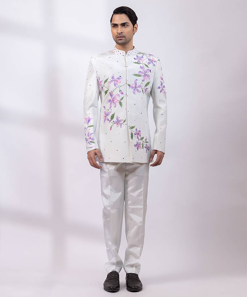 Greyish white embroidered silk bandhgala and pant