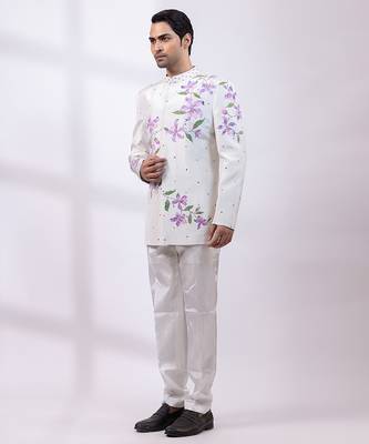 Greyish white embroidered silk bandhgala and pant 2