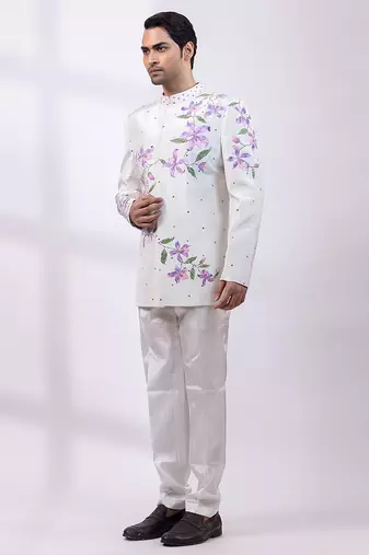 Greyish white embroidered silk bandhgala and pant