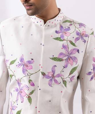 Greyish white embroidered silk bandhgala and pant 3
