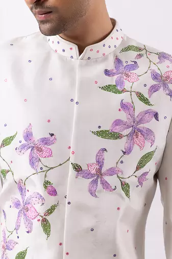 Greyish white embroidered silk bandhgala and pant