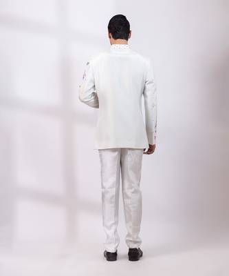 Greyish white embroidered silk bandhgala and pant 4