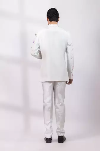 Greyish white embroidered silk bandhgala and pant